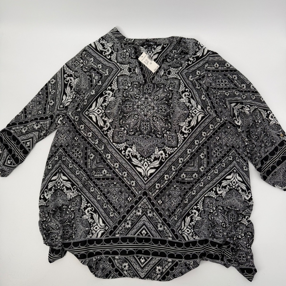 NWT Roz & Ali 3X Black White Boho Paisley Tunic Blouse Plus Size Flowy‎ - Picture 2 of 11